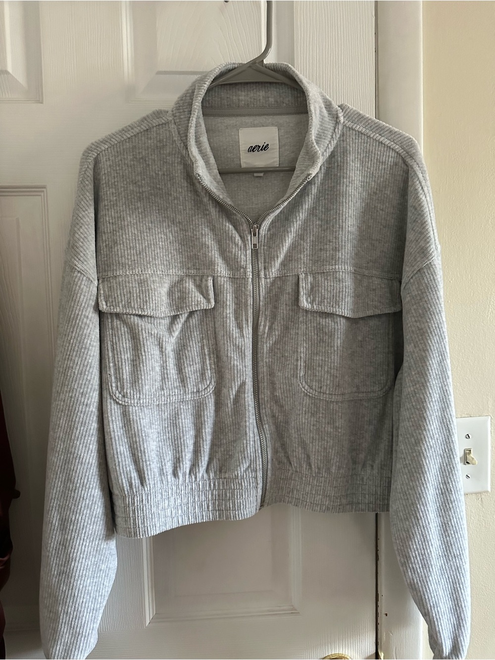 aerie Heather Gray Ribbed Zip Utility Jacket